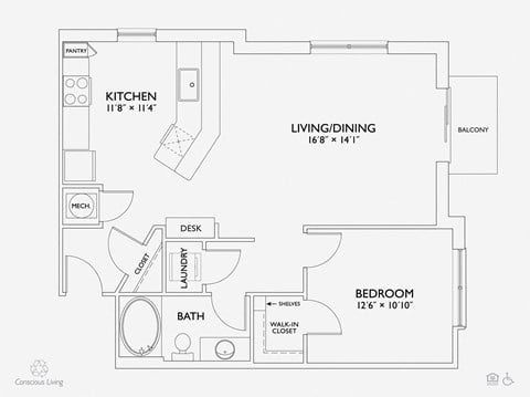 Floor plan for 1 bed, 1 bath, 842 sqft
